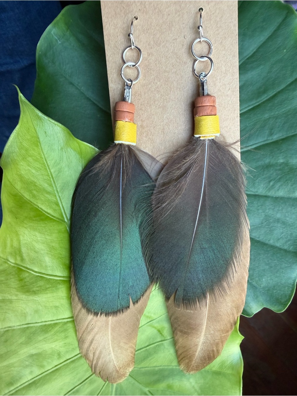 Handmade Feather Drop Earrings in Teal, Brown & Yellow